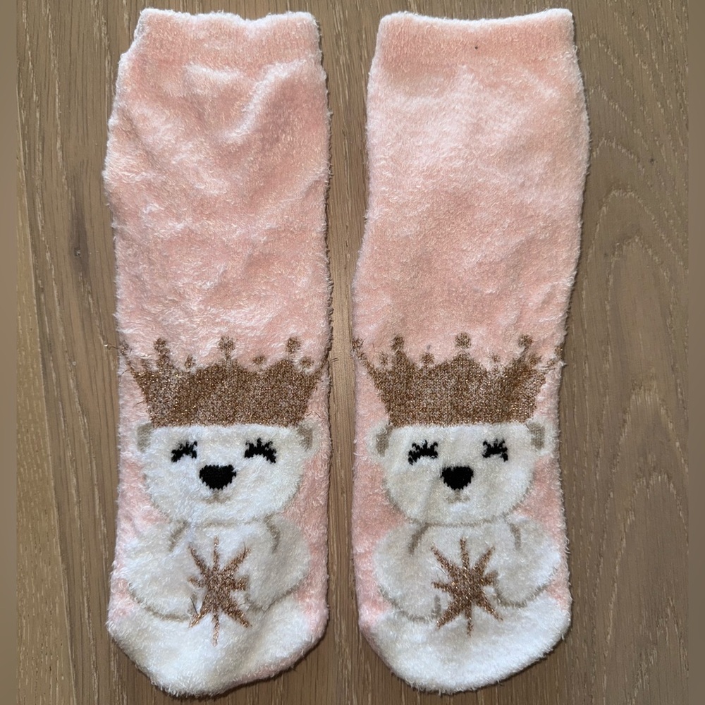 Bath & Body Works Pink Plush Bear Crown Fuzzy Grip Socks